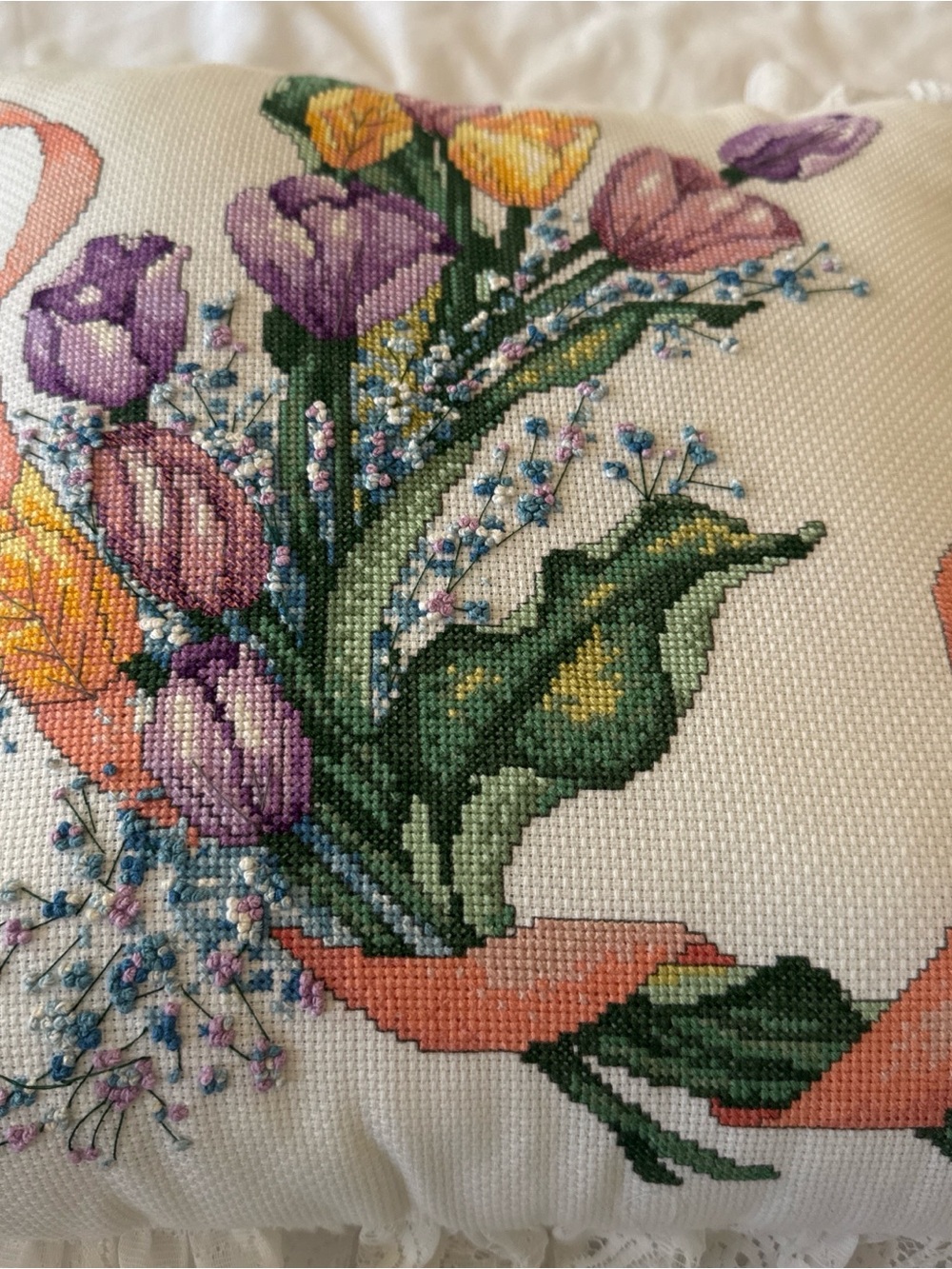 Embroidered Tulip Bouquet Pillow Cover in Purple, Yellow & Green